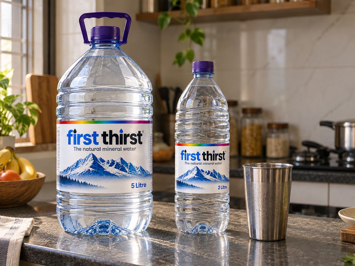 A First Thirst 5 litre pack and 2 litre bottle on a kitchen counter