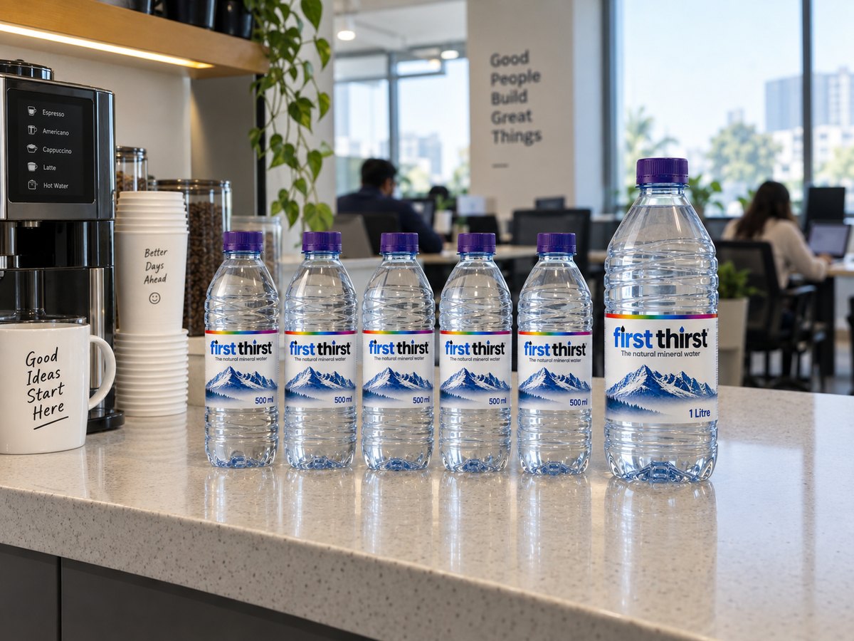 First Thirst 500 ml bottles on an office pantry counter